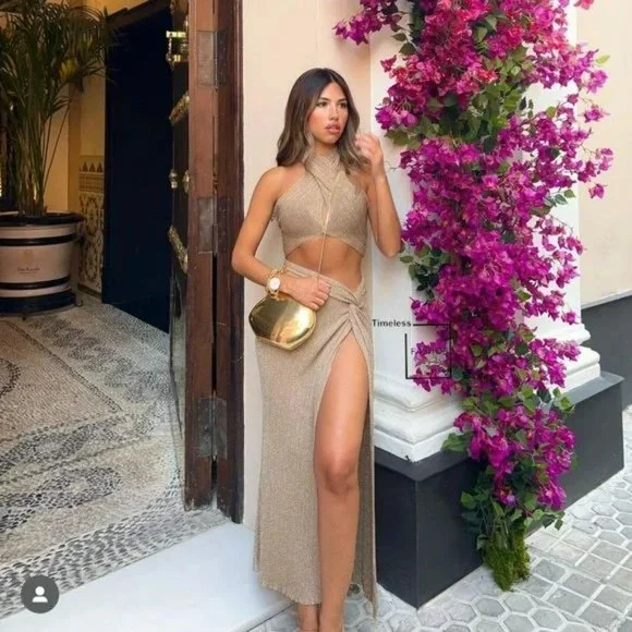 RARE ZARA 2 PIECE GOLDEN METALLIC THREAD WRAP KNIT TOP AND KNIT SKIRT - Picture 8 of 8